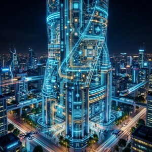 Futuristic digital data skyscraper representing Enterprise Web Development Services