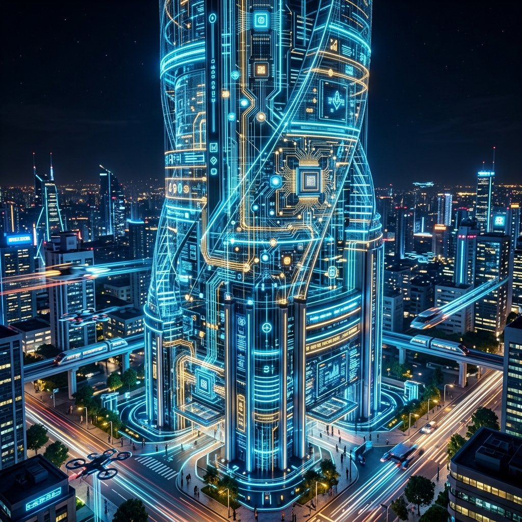 Futuristic digital data skyscraper representing Enterprise Web Development Services