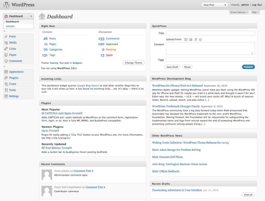 WordPress dashboard used for content governance planning