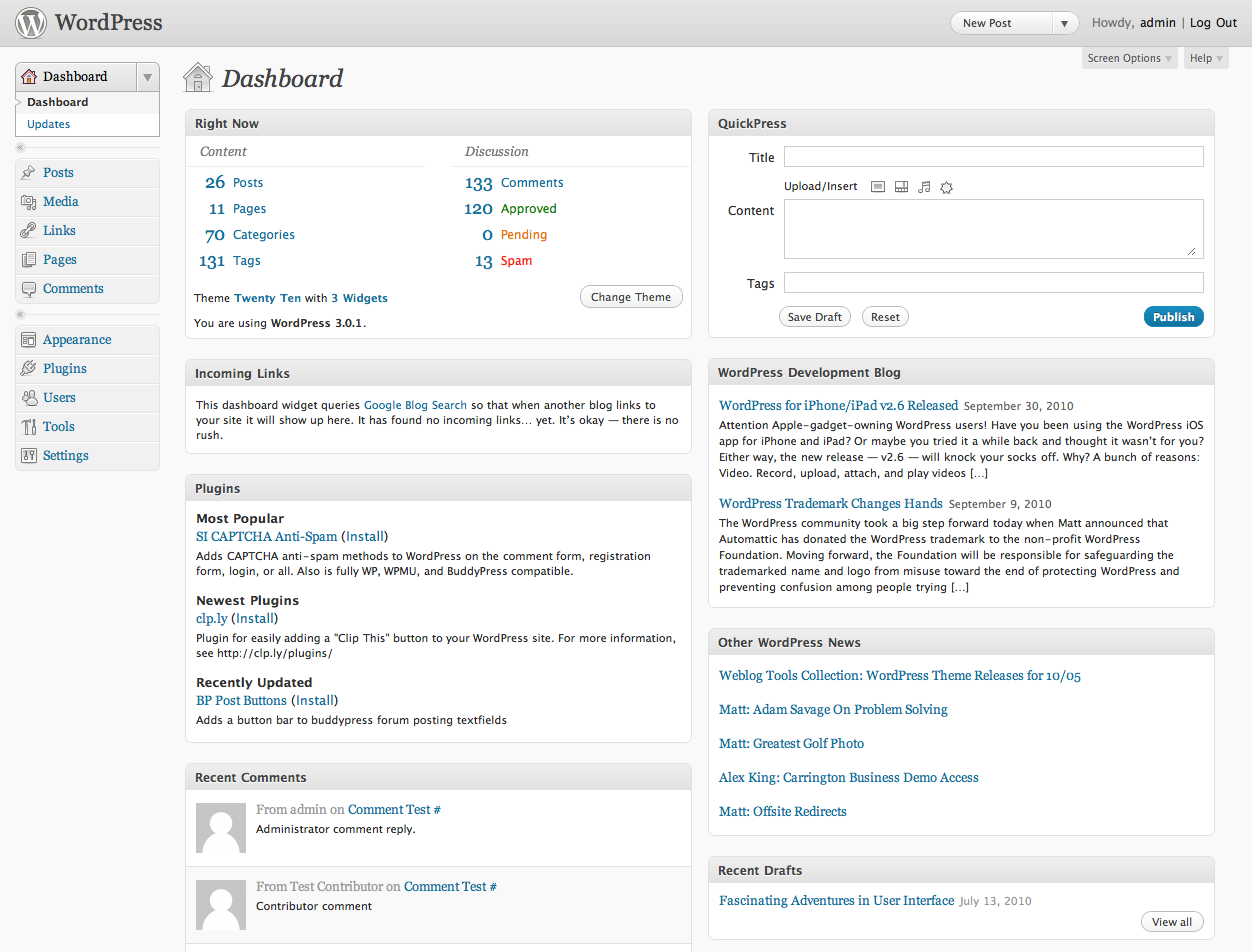 WordPress dashboard used for content governance planning